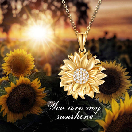 14K Gold  Sunflower Pendant Necklace with Cubic Zirconia Stones - Elegant Floral s for Her