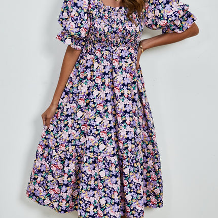 Smocked Floral Square Neck Short Sleeve Dress