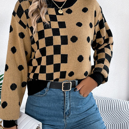 Plaid Round Neck Long Sleeve Sweater