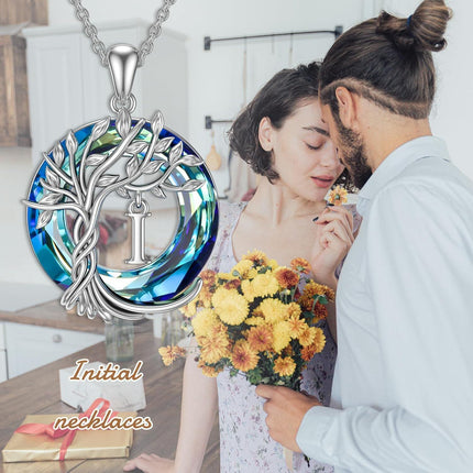 925 Sterling Silver Blue Crystal Tree of Life Initial Necklace Family Letter Pendant Birthday Mother s Day Gifts for Her