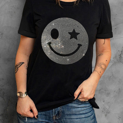 Rhinestone Smiley Round Neck Short Sleeve T-Shirt