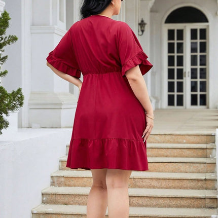 Plus Size Ruched Surplice Flounce Sleeve Mini Dress