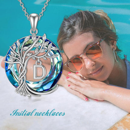 925 Sterling Silver Blue Crystal Tree of Life Initial Necklace Family Letter Pendant Birthday Mother s Day Gifts for Her