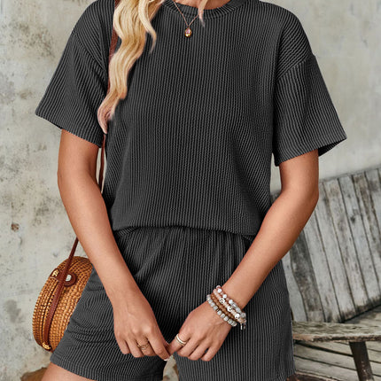 Textured Round Neck Short Sleeve Top and Shorts Set