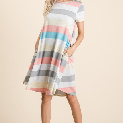 BOMBOM Striped Short Sleeve Dress with Pockets