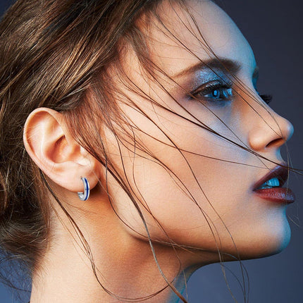 925 Sterling Silver Blue Opal Inlay Huggie Hoop Earrings for Men & Women