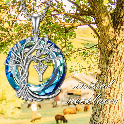 925 Sterling Silver Blue Crystal Tree of Life Initial Necklace Family Letter Pendant Birthday Mother s Day Gifts for Her