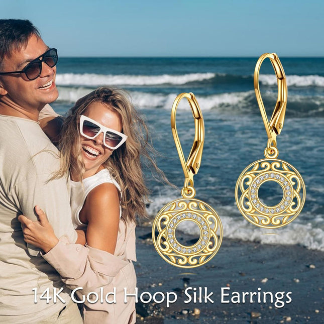 14k Gold Round Hollow Out Flower Shape Crystal Leverback Earrings for Women Girls