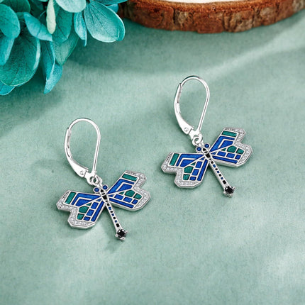 925 Sterling Silver Blue Green Enamel Dragonfly Drop Earrings for Women