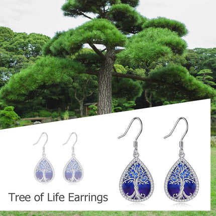 925 Sterling Silver Blue & Purple Enamel Celtic Tree Of Life Drop Dangle Hook Earrings For Women  4cm Long
