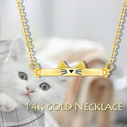 14K Real Gold Cat Necklace – Elegant 20.4mm Pendant, 1.75g, Adjustable 16-18 Chain, Hypoallergenic, Gift for Women