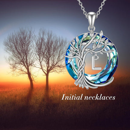925 Sterling Silver Blue Crystal Tree of Life Initial Necklace Family Letter Pendant Birthday Mother s Day Gifts for Her