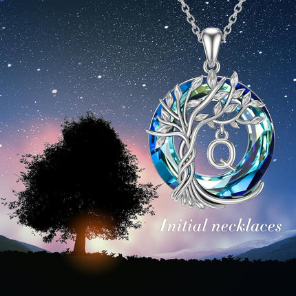 925 Sterling Silver Blue Crystal Tree of Life Initial Necklace Family Letter Pendant Birthday Mother s Day Gifts for Her
