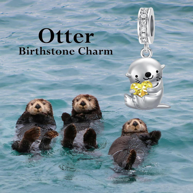 925 Sterling Silver Topaz Otter Charm Bead - 11.2x15mm Sparkling Zircon Jewelry for Bracelets