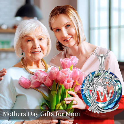 925 Sterling Silver Blue Crystal Tree of Life Initial Necklace Family Letter Pendant Birthday Mother s Day Gifts for Her
