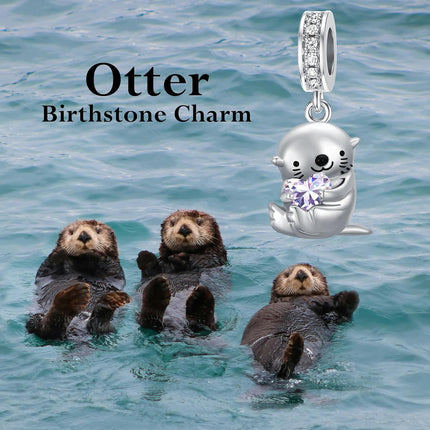 925 Sterling Silver & Alexandrite Otter Charm Bead - 11.2x15mm, Zircon Accent, June Birthstone Jewelry for Bracelets, Gifts