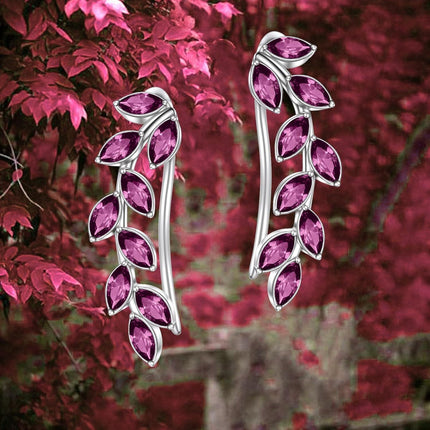 925 Sterling Silver Pink Austrian Crystal Leaf Ear Climber Hypoallergenic Earrings