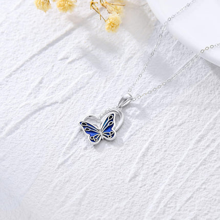 14K White Gold Natural Diamond & Blue Butterfly Dainty Heart Pendant Necklace for Women, Nickel-Free, 16 1.8g, Gift for Her