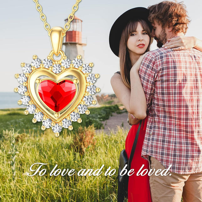 14K Gold Red Crystal Heart Pendant Necklace for Women - Valentine's Day s