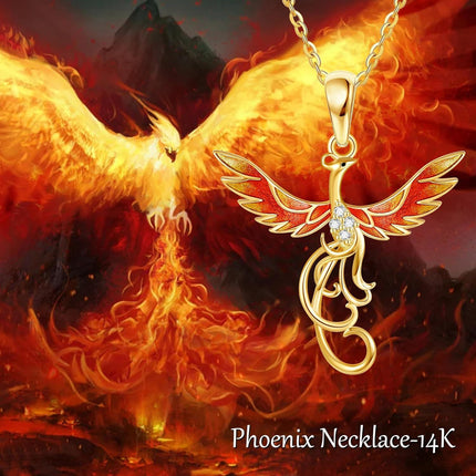 14K Gold Red Enamel Phoenix Pendant Necklaces with Cubic Zirconia Stones Gifts for Women