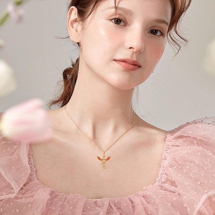 14K Gold Red Enamel Phoenix Pendant Necklaces with Cubic Zirconia Stones Gifts for Women