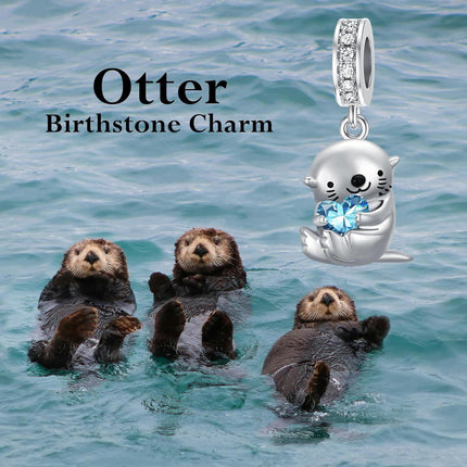 925 Sterling Silver Blue Zircon Otter Charm Bead for Bracelet Jewelry Gift