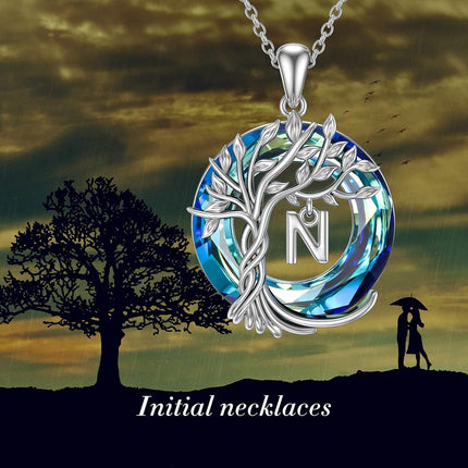 925 Sterling Silver Blue Crystal Tree of Life Initial Necklace Family Letter Pendant Birthday Mother s Day Gifts for Her