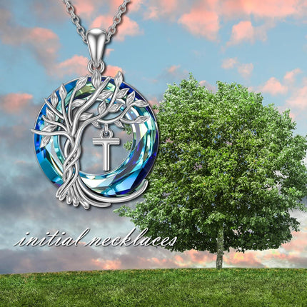 925 Sterling Silver Blue Crystal Tree of Life Initial Necklace Family Letter Pendant Birthday Mother s Day Gifts for Her