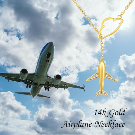 14K Gold & Cubic Zirconia Airplane Necklace - Y-Shaped Travel Pendant with Cloud Charm, Nickel-Free 16mm Airplane 13mm Cloud, 6.5-17 Adjustable Chain