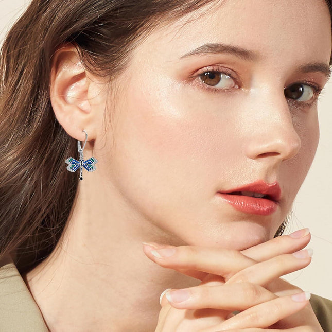 925 Sterling Silver Blue Green Enamel Dragonfly Drop Earrings for Women