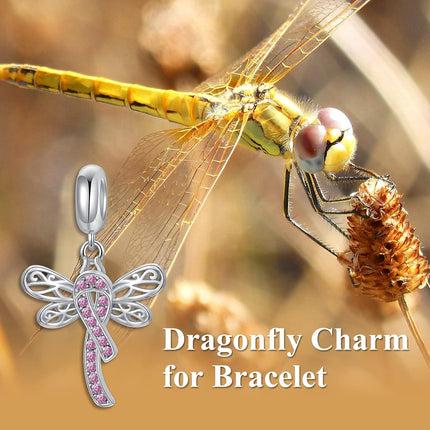 Sterling Silver & Pink Austrian Crystals Dragonfly Pink Ribbon Charm for Pandora Bracelets 15.1x16.8mm