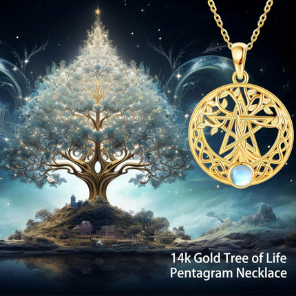 14K Gold Moonstone Tree of Life Pendant Necklace for Women - Family Wisdom s