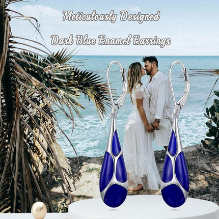 925 Sterling Silver Blue Enamel Tear Drop Leverback Earrings for Women Gift Ideas