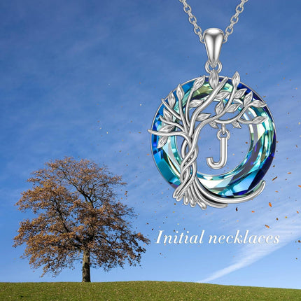 925 Sterling Silver Blue Crystal Tree of Life Initial Necklace Family Letter Pendant Birthday Mother s Day Gifts for Her