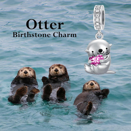 925 Sterling Silver Pink Tourmaline Otter Charm Bead for Bracelet, 11.2x15mm, Zircon Accented, October Birthstone Gift for Women
