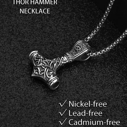 925 Sterling Silver Viking Mjolnir Hammer Pendant Necklace with 28 Rolo Chain for Men