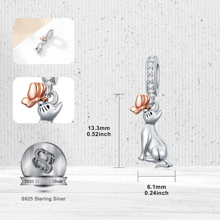 925 Sterling Silver Cat with Rose Gold Flower and CZs Dangle Charm Pendant for Bracelet Necklace Jewelry Making Supplies Gifts Women Girls Kids Teens