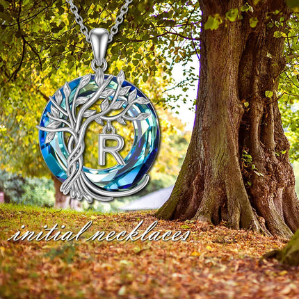925 Sterling Silver Blue Crystal Tree of Life Initial Necklace Family Letter Pendant Birthday Mother s Day Gifts for Her