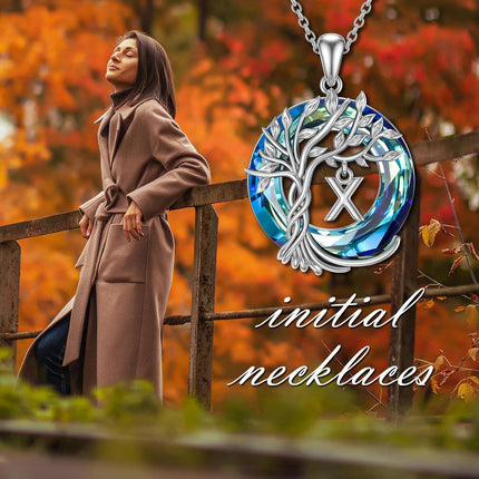 925 Sterling Silver Blue Crystal Tree of Life Initial Necklace Family Letter Pendant Birthday Mother s Day Gifts for Her