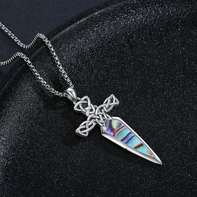 925 Sterling Silver Celtic Cross Abalone Shell Dagger Pendant Necklace for Men Women Vintage Gothic s 48cm Chain Length