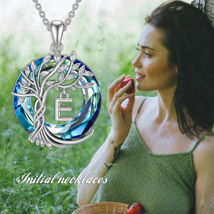 925 Sterling Silver Blue Crystal Tree of Life Initial Necklace Family Letter Pendant Birthday Mother s Day Gifts for Her