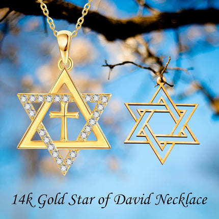 14k Gold Star of David Cross CZ Pendant Necklace 14K Gold  Chain for Women Mom Lovers