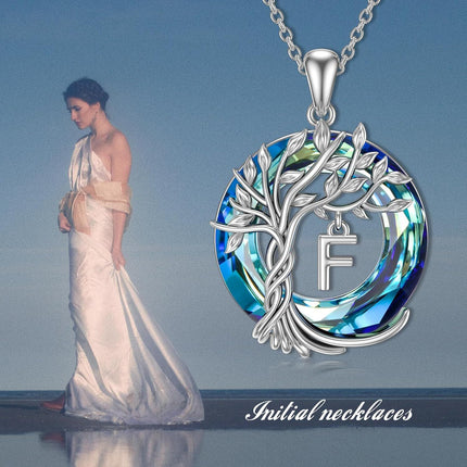 925 Sterling Silver Blue Crystal Tree of Life Initial Necklace Family Letter Pendant Birthday Mother s Day Gifts for Her
