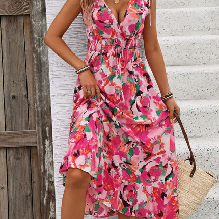 Ruffled Smocked Printed Sleeveless Dress