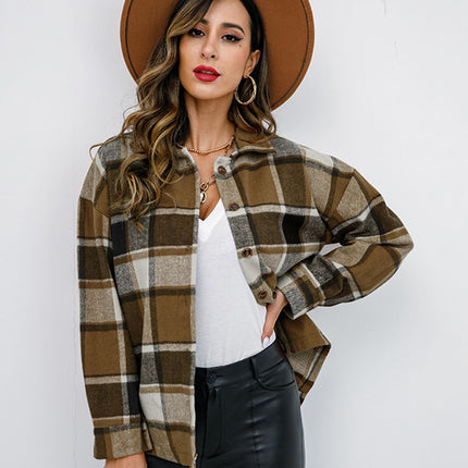 Shiny Plaid Button Up Collared Neck Jacket
