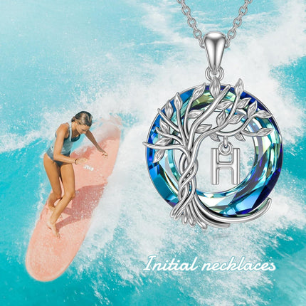925 Sterling Silver Blue Crystal Tree of Life Initial Necklace Family Letter Pendant Birthday Mother s Day Gifts for Her