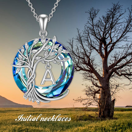 925 Sterling Silver Blue Crystal Tree of Life Initial Necklace Family Letter Pendant Birthday Mother s Day Gifts for Her