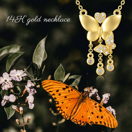 14K Yellow Gold White Moissanite Butterfly Heart Pendant Necklace, Elegant Adjustable Chain, Gift for Women, Wife, Mother, 16 Stones