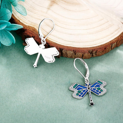 925 Sterling Silver Blue Green Enamel Dragonfly Drop Earrings for Women