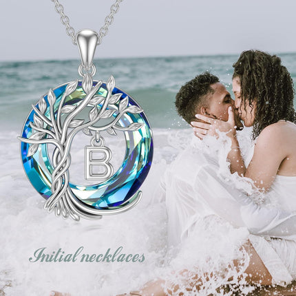 925 Sterling Silver Blue Crystal Tree of Life Initial Necklace Family Letter Pendant Birthday Mother s Day Gifts for Her